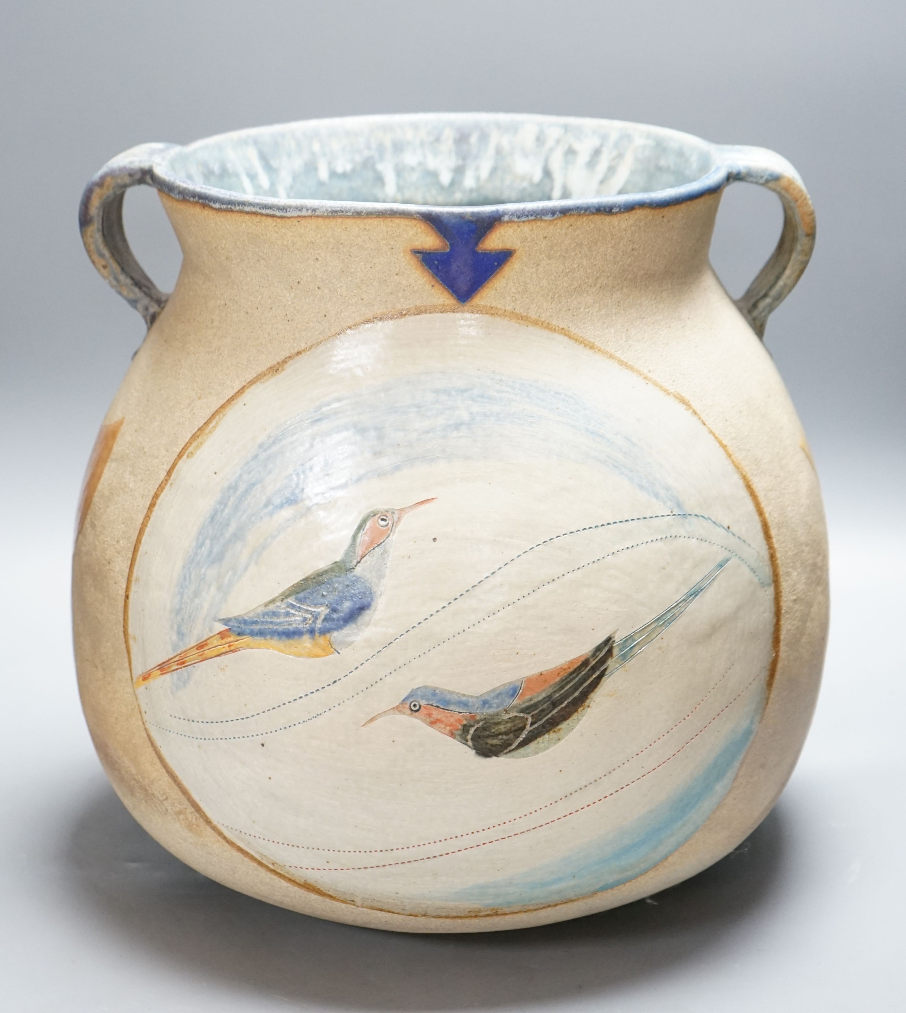 Jill Fanshawe-Kato (b.1943), a large two handled stoneware 'bird' jar 33cm high, 35cm wide